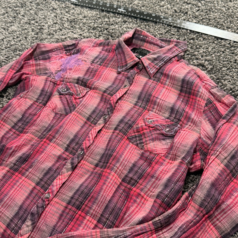 Y2K Adiktd Plaid Western Shirt Womens Pink Excellent Cross Embroidery L 0000231